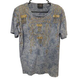 Vintage Tie-Dye Blue Beaded Top W/ Gold Details Retro Heritage